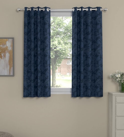 Dark Blue Polyester Floral  5 Ft  Semisheer Eyelet 2 Window Curtains By Rosarahome
