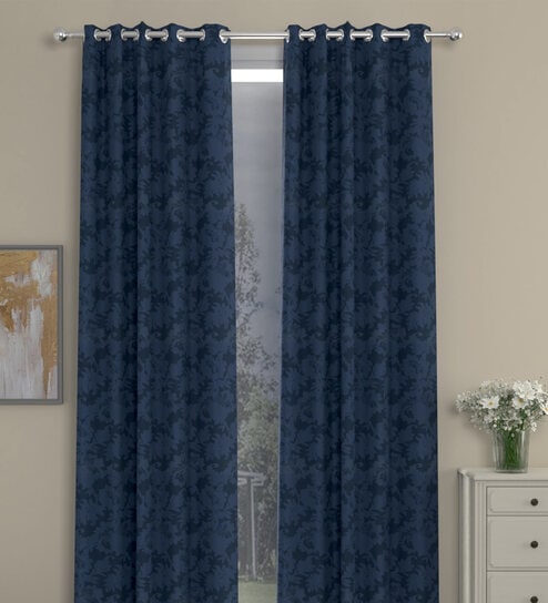 Dark Blue Polyester Floral 9 Ft Semisheer Eyelet 2 Door Curtains