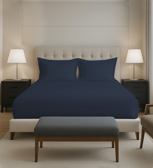 Dark Blue Solid 400 TC Cotton Queen Sized Fitted sheet with 2 Pillow Covers