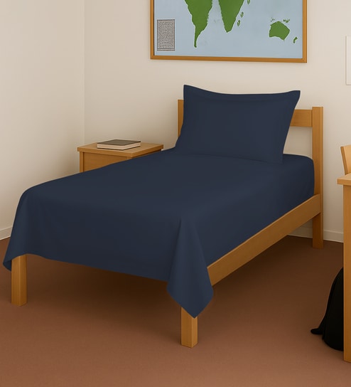 Dark Blue Solid 400 TC Cotton Single Sized Bedsheet with 1 Pillow Cover