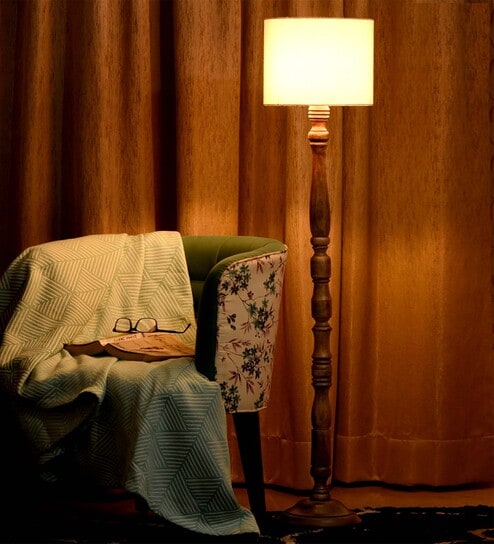 Dark Brown Floor Lamp With White Cotton Shade by Green Girgit