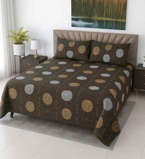 Dark Brown Floral 400 TC Cotton Super King Size Bedsheet with 2 Pilllow covers Essential Series Collection