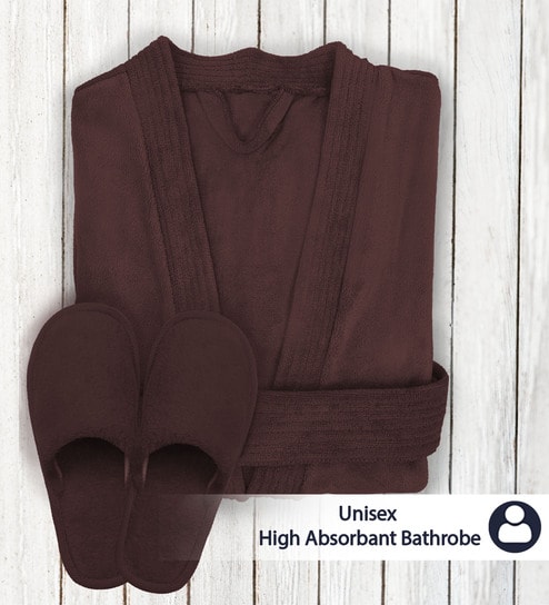Dark Brown Solid Caldezonia Microfiber Women Bath Robe With Slippers