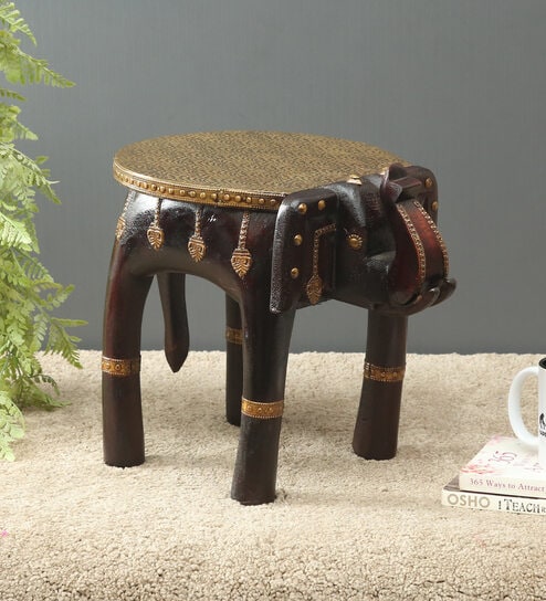 Degrees Dark Brown Wooden Brass Metal Polish Big Elephant Stool