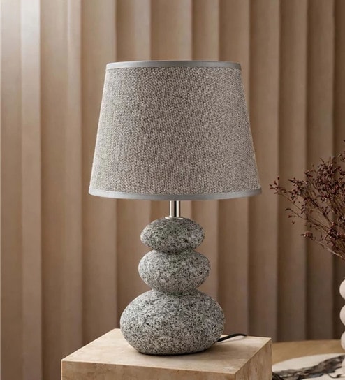 Dark Gray Table Lamp Modern Design Fabric Lampshade Pebble Shaped Ceramic Base