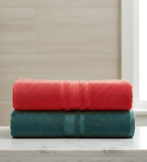 Dark Green & Red Soft Cotton 500 GSM Solid Bath Towel Pack Of 2