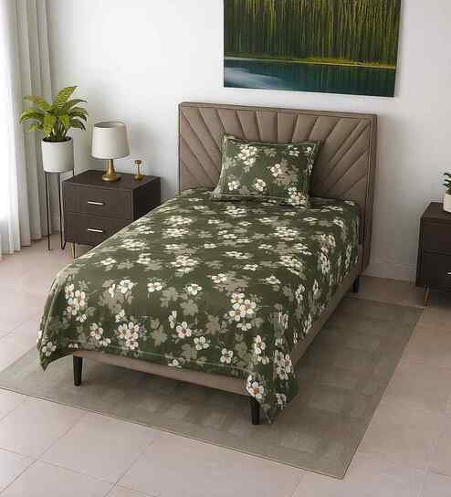 Dark Green Floral 290 Tc Cotton Single Bedsheet With 1 Pillow Cover