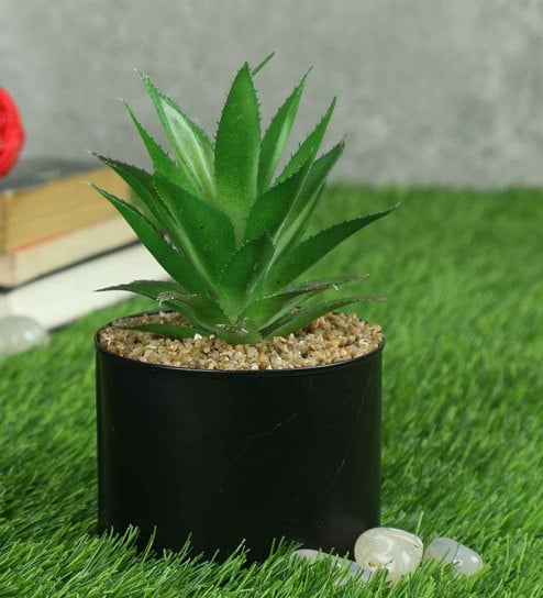 Polyester Dark Green Elegant Succulent With Metal Pot Artificial Plants