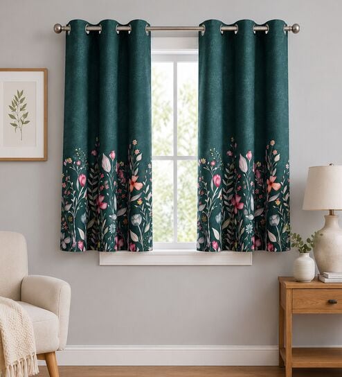 Dark Green Polyester Floral 5ft Room Darkening Eyelet Window Curtains (2 Pc)