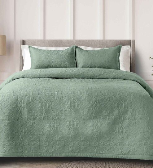 Dark Green Solid GSM 300 Pure Cotton King Size Bedcover With 2 Pillow Covers