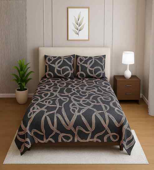 Dark Grey Abstract 210 TC Mix Cotton Single Bed Size Bedsheet wih 2 Pillow cover Essential Series Collection