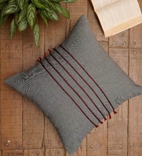Dark Grey Cotton Blend Striped 16x16 inches Cushion Covers (Set of 1)