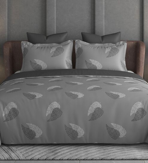 Dark Grey Floral 600TC Cotton Super King Sized Double Bedsheet with 2 Embroidery Pillow Covers