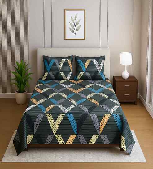 Dark Grey Geometric 210 TC Mix Cotton Single Bed Size Bedsheet wih 2 Pillow cover Essential Series Collection