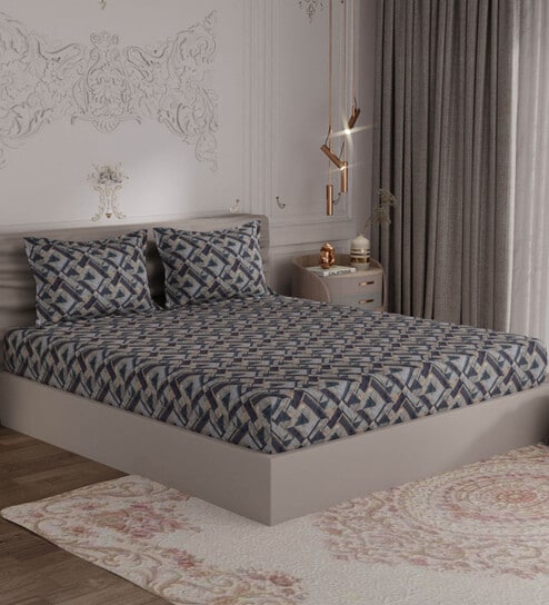 Dark Grey Geometric 300 TC 100% Cotton Double Bedsheet With 2 Pillow Covers Amorous Collection By Rosarahome