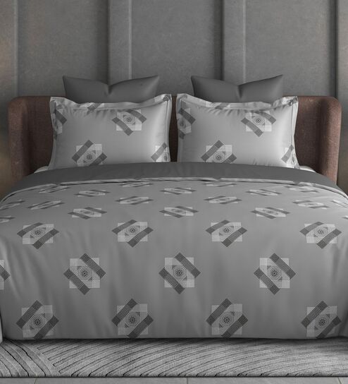 Dark Grey Geometric 600TC Cotton Super King Sized Double Bedsheet with 2 Embroidery Pillow Covers