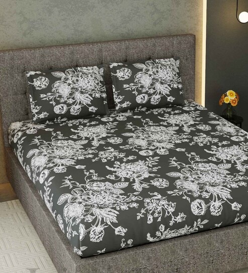 Dark Grey Solid 300 TC Cotton Double Bedsheet With 2 Pillow Covers  Collection by Jaipur Fabric