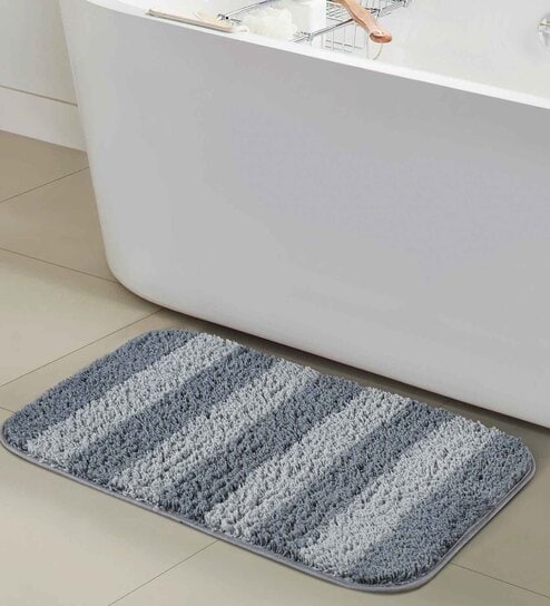 Dark Grey Geometric Polyester 24x16 Inches AntiSkid Bath Mat by Obsessions