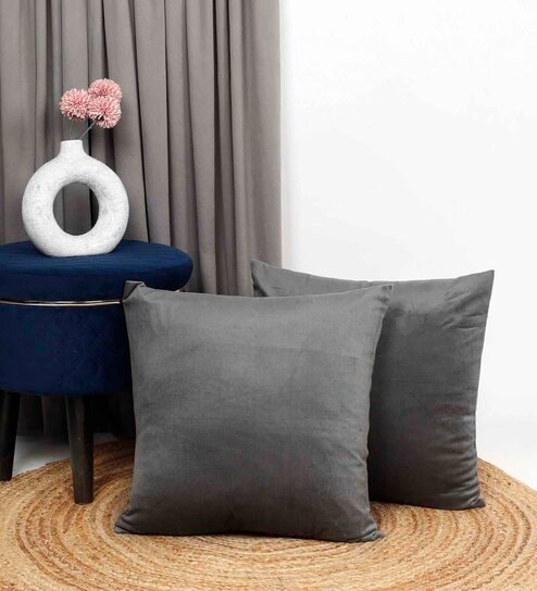 Dark Grey Velevt Solids 16x16 inches  Regular Cushion Covers  (2Pcs)
