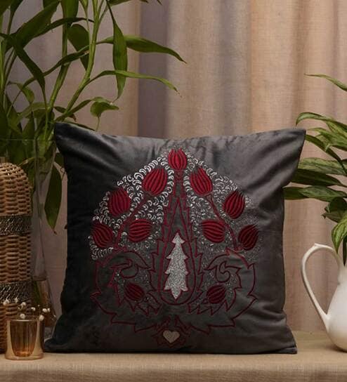 Dark Grey Velvet Floral 16x16 inches Cushion Covers (Set of 1) by Zeba