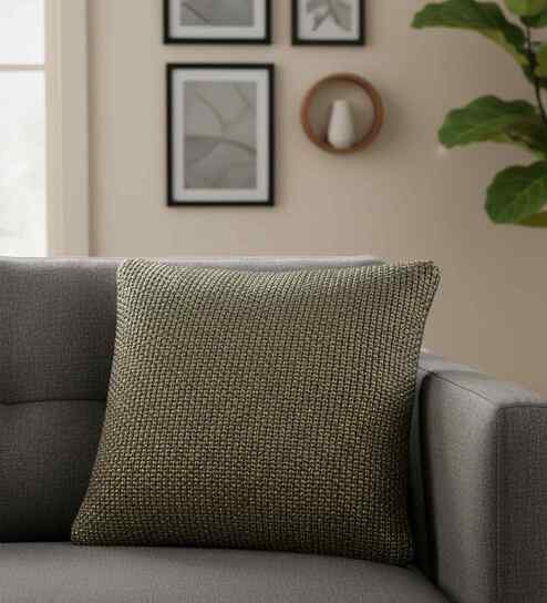 Dark Pewter & Dull Gold Color 100% Cotton Moss Knit 18X18 Inches Knitted Cushion Cover