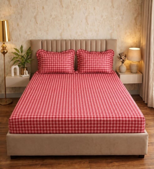 Dark Pink Checkerd Polycotton Double King Fitted Bedsheet With 2 Frill Pillow Covers