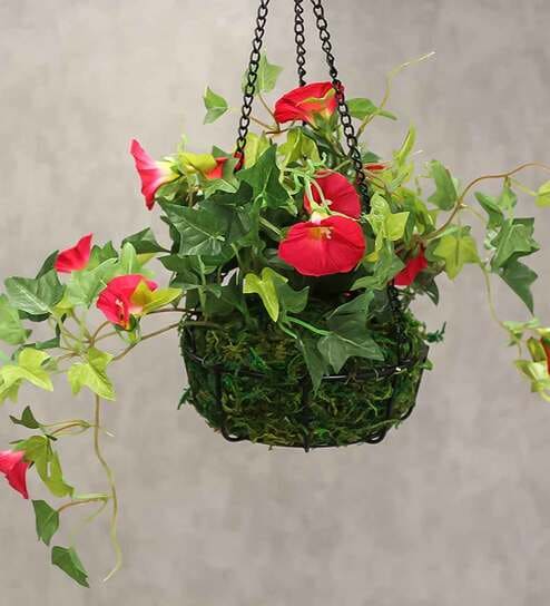 Dark-Pink Polyester Artificial Morning Glory Hanging Creeper Plant with Hanging Metal Stand