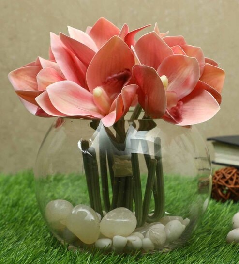 Pink Polyurethane Cymbedium Orchids Bunche Artificial Flowers