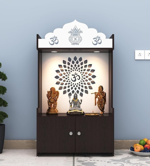 Dark Wooden Floor Pooja Mandir with Kalash & Om Top Design Lotus Pattern Back Panel Storage Cabinet