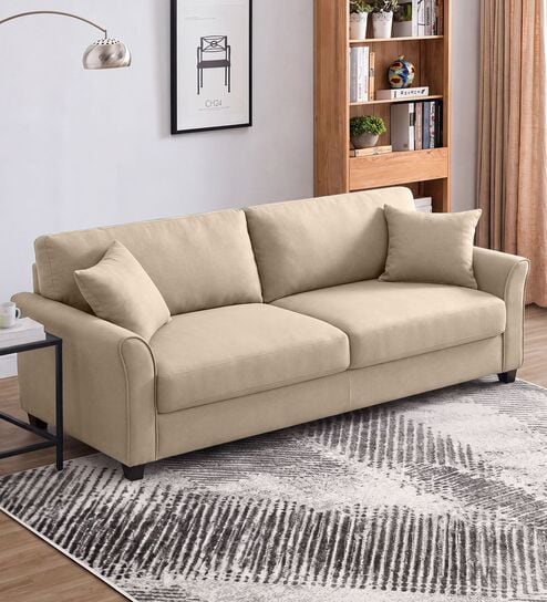 Daroo Velvet Fabric 3 Seater Sofa In Beige Colour