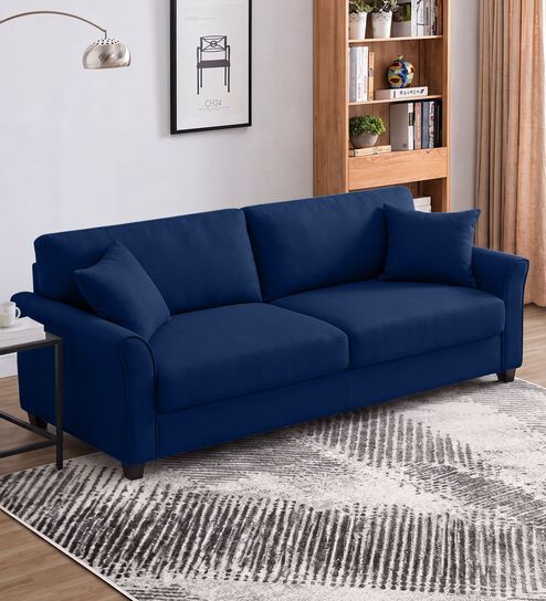 Daroo Velvet Fabric 3 Seater Sofa In Blue Colour