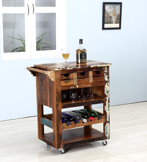 Buy Dave Solid Wood Wine Rack Cum Bar Trolley By Bohemiana Online