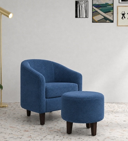 Daviana Walnut Finish Boucle Fabric Barrel Chair In Blue Colour