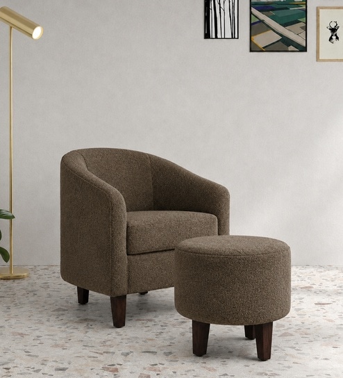 Daviana Walnut Finish Boucle Fabric Barrel Chair In Brown Colour