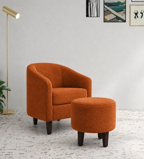 Daviana Walnut Finish Boucle Fabric Chair In Orange Colour