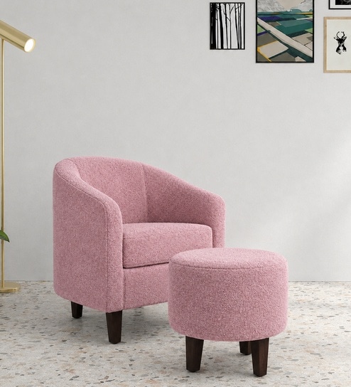 Daviana Walnut Finish Boucle Fabric Chair In Pink Colour With Stool