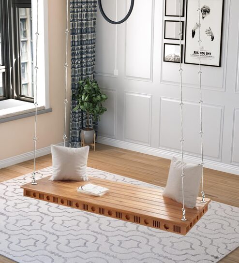 David Solid Wood Swing With Cushion In Natural Brown Finish