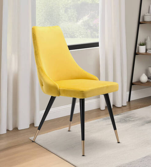 Davidson Velvet Dining Chair In Yellow & Black Colour