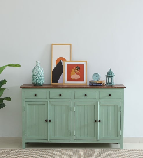 Davos Mango Wood 4 Door Sideboard In Light Green Colour