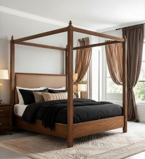 Dawn Poster Queen Size Bed In Dark Walnut Finish Without Storage