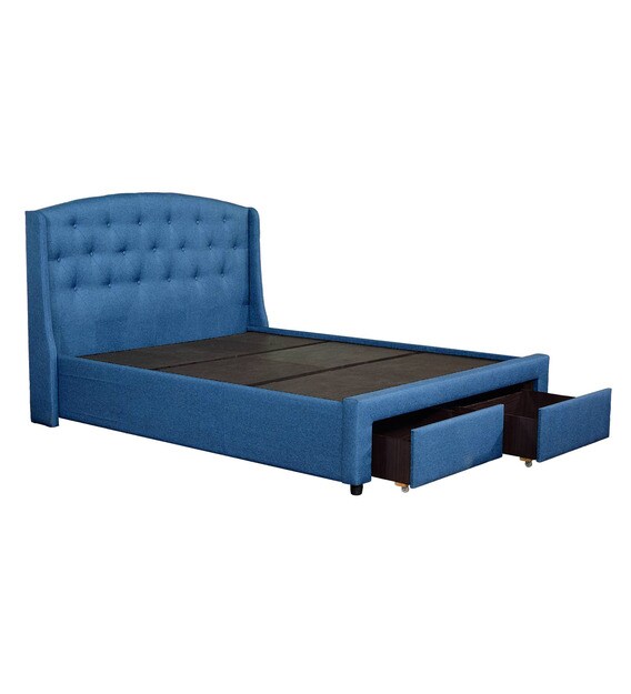 Buy Danilo Upholstered King Size Bed in Navy Blue Colour with Storage