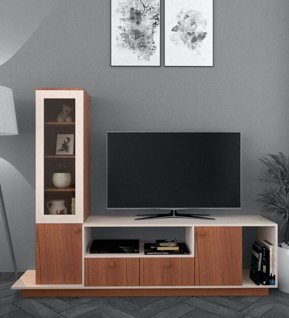 Buy Davignon Tv Unit With Tall Cabinet In Hibiscus White English Walnut Finish By Gudsmith Online Tv Units Tv Units Furniture Pepperfry Product