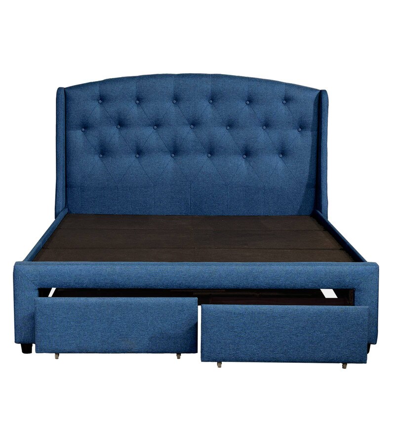 Buy Danilo Upholstered King Size Bed in Navy Blue Colour with Storage