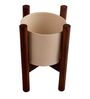 Dark Finish Minimalist Wooden Planter Stand with White Plain Planter Pot