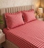 Dark Pink Checkerd Polycotton Double King Fitted Bedsheet With 2 Frill Pillow Covers