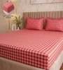 Dark Pink Checkerd Polycotton Double King Fitted Bedsheet With 2 Frill Pillow Covers