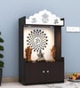 Dark Wooden Floor Pooja Mandir with Kalash & Om Top Design Lotus Pattern Back Panel Storage Cabinet