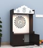 Dark Wooden Floor Pooja Mandir with Kalash & Om Top Design Lotus Pattern Back Panel Storage Cabinet