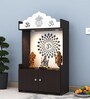 Dark Wooden Floor Pooja Mandir with Kalash & Om Top Design Lotus Pattern Back Panel Storage Cabinet