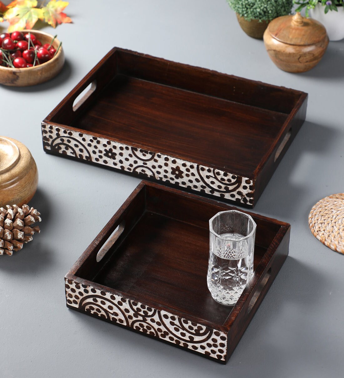 Buy Decorative and hand crafted wooden serving trays for tea / coffee